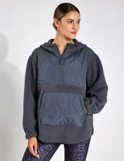 Mixed Borg Quilt Hoodie - Dark Grey