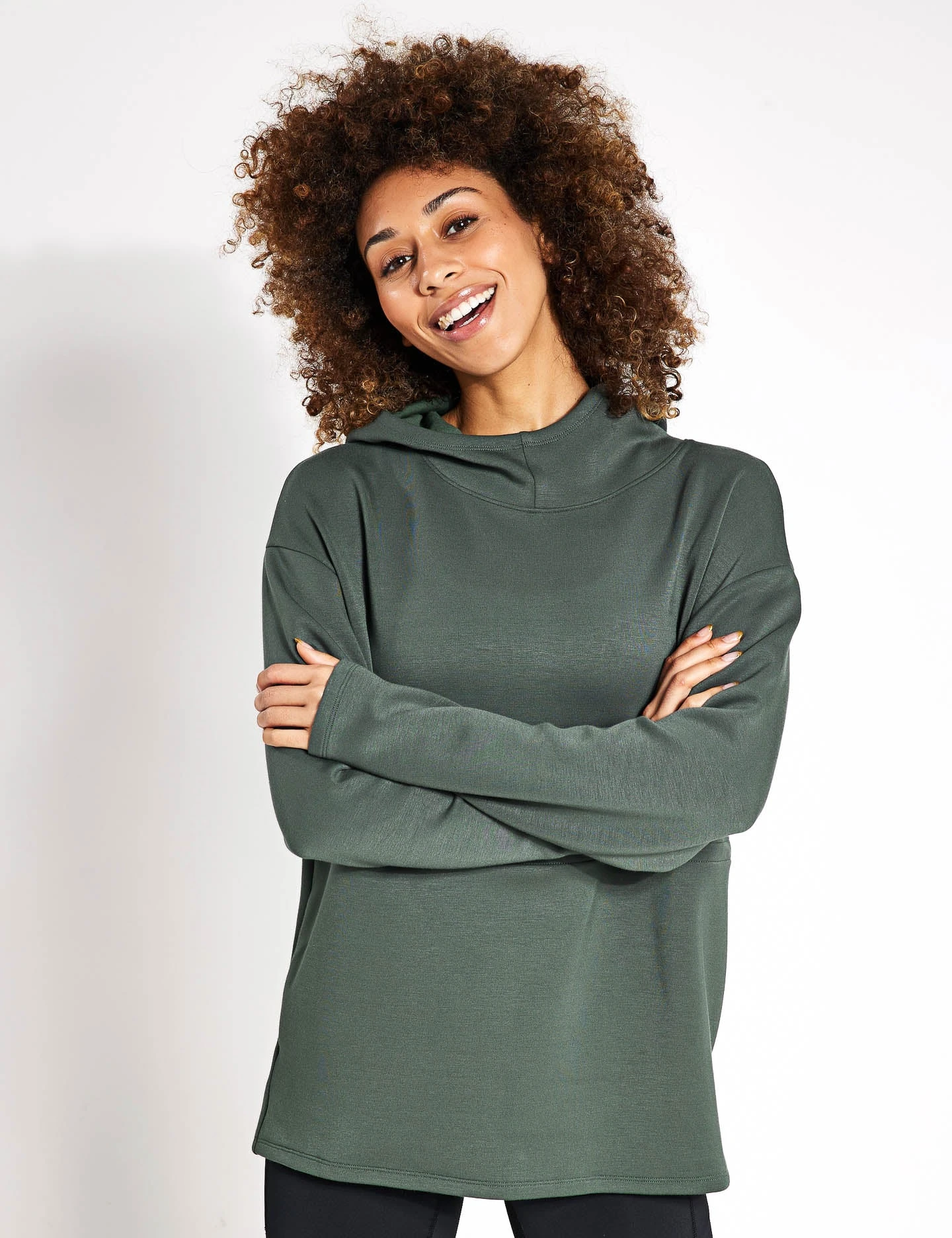 Relaxed Yoga Longline Hoodie - Dark Sage 1 Relaxed Yoga Longline Hoodie - Dark Sage